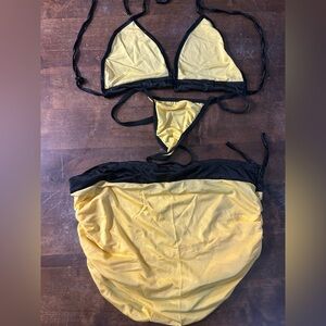 NWOT Sexy Yellow w/ Black Trim 3pc Set Tri-Top G-String Bottom w/ Skirt Outfit